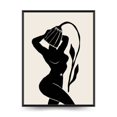 Vücut, kadın ve çiçekli Modern Sanat Posteri. Matisse Soyut Set, Estetik Modern, Boho Dekor, Minimalist, İllüstrasyon, Vector, Poster, Kartpostal. Estetik minimalist tasarım. Vektör illüstrasyonları.