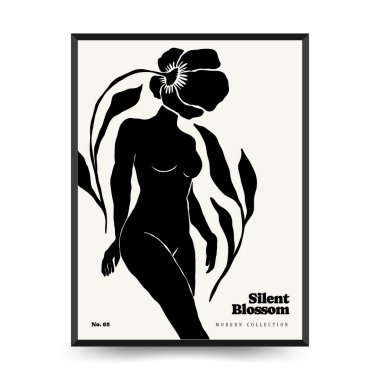 Vücut, kadın ve çiçekli Modern Sanat Posteri. Matisse Soyut Set, Estetik Modern, Boho Dekor, Minimalist, İllüstrasyon, Vector, Poster, Kartpostal. Estetik minimalist tasarım. Vektör illüstrasyonları.