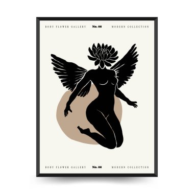 Vücut, kadın ve çiçekli Modern Sanat Posteri. Matisse Soyut Set, Estetik Modern, Boho Dekor, Minimalist, İllüstrasyon, Vector, Poster, Kartpostal. Estetik minimalist tasarım. Vektör illüstrasyonları.