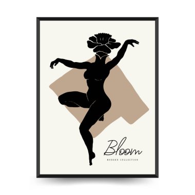 Vücut, kadın ve çiçekli Modern Sanat Posteri. Matisse Soyut Set, Estetik Modern, Boho Dekor, Minimalist, İllüstrasyon, Vector, Poster, Kartpostal. Estetik minimalist tasarım. Vektör illüstrasyonları.
