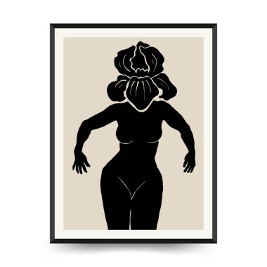 Vücut, kadın ve çiçekli Modern Sanat Posteri. Matisse Soyut Set, Estetik Modern, Boho Dekor, Minimalist, İllüstrasyon, Vector, Poster, Kartpostal. Estetik minimalist tasarım. Vektör illüstrasyonları.