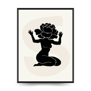 Vücut, kadın ve çiçekli Modern Sanat Posteri. Matisse Soyut Set, Estetik Modern, Boho Dekor, Minimalist, İllüstrasyon, Vector, Poster, Kartpostal. Estetik minimalist tasarım. Vektör illüstrasyonları.