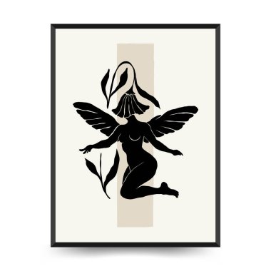 Vücut, kadın ve çiçekli Modern Sanat Posteri. Matisse Soyut Set, Estetik Modern, Boho Dekor, Minimalist, İllüstrasyon, Vector, Poster, Kartpostal. Estetik minimalist tasarım. Vektör illüstrasyonları.
