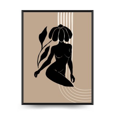Vücut, kadın ve çiçekli Modern Sanat Posteri. Matisse Soyut Set, Estetik Modern, Boho Dekor, Minimalist, İllüstrasyon, Vector, Poster, Kartpostal. Estetik minimalist tasarım. Vektör illüstrasyonları.