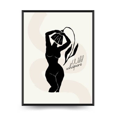 Vücut, kadın ve çiçekli Modern Sanat Posteri. Matisse Soyut Set, Estetik Modern, Boho Dekor, Minimalist, İllüstrasyon, Vector, Poster, Kartpostal. Estetik minimalist tasarım. Vektör illüstrasyonları.
