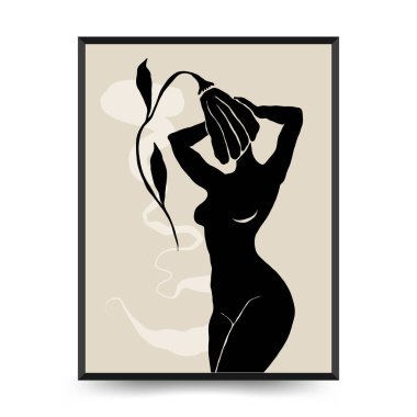 Vücut, kadın ve çiçekli Modern Sanat Posteri. Matisse Soyut Set, Estetik Modern, Boho Dekor, Minimalist, İllüstrasyon, Vector, Poster, Kartpostal. Estetik minimalist tasarım. Vektör illüstrasyonları.