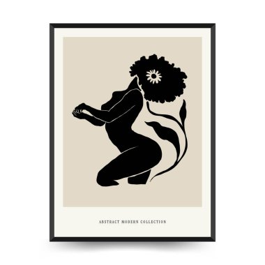 Vücut, kadın ve çiçekli Modern Sanat Posteri. Matisse Soyut Set, Estetik Modern, Boho Dekor, Minimalist, İllüstrasyon, Vector, Poster, Kartpostal. Estetik minimalist tasarım. Vektör illüstrasyonları.