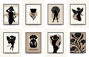 Vücut, kadın ve çiçekli Modern Sanat Posteri. Matisse Soyut Set, Estetik Modern, Boho Dekor, Minimalist, İllüstrasyon, Vector, Poster, Kartpostal. Estetik minimalist tasarım. Vektör illüstrasyonları.