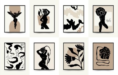 Vücut, kadın ve çiçekli Modern Sanat Posteri. Matisse Soyut Set, Estetik Modern, Boho Dekor, Minimalist, İllüstrasyon, Vector, Poster, Kartpostal. Estetik minimalist tasarım. Vektör illüstrasyonları.