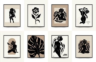 Vücut, kadın ve çiçekli Modern Sanat Posteri. Matisse Soyut Set, Estetik Modern, Boho Dekor, Minimalist, İllüstrasyon, Vector, Poster, Kartpostal. Estetik minimalist tasarım. Vektör illüstrasyonları.
