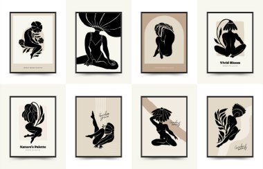 Vücut, kadın ve çiçekli Modern Sanat Posteri. Matisse Soyut Set, Estetik Modern, Boho Dekor, Minimalist, İllüstrasyon, Vector, Poster, Kartpostal. Estetik minimalist tasarım. Vektör illüstrasyonları.
