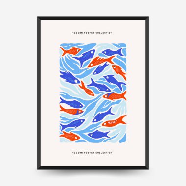 Su altı dünyası, okyanus, deniz, balık ve deniz kabukları dikey uçucu ya da poster şablonu. Modern trend Matisse minimal tarzı. Duvar kağıdı, duvar dekoru, baskı, kartpostal, kapak, şablon, pankart için el çizimi tasarımı.