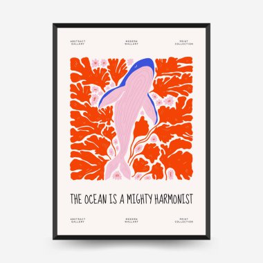 Su altı dünyası, okyanus, deniz, balık ve deniz kabukları dikey uçucu ya da poster şablonu. Modern trend Matisse minimal tarzı. Duvar kağıdı, duvar dekoru, baskı, kartpostal, kapak, şablon, pankart için el çizimi tasarımı.