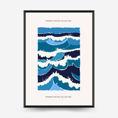 Su altı dünyası, okyanus, deniz, balık ve deniz kabukları dikey uçucu ya da poster şablonu. Modern trend Matisse minimal tarzı. Duvar kağıdı, duvar dekoru, baskı, kartpostal, kapak, şablon, pankart için el çizimi tasarımı.