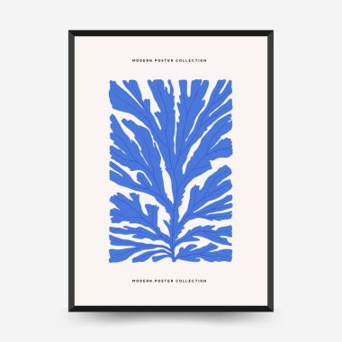 Su altı dünyası, okyanus, deniz, balık ve deniz kabukları dikey uçucu ya da poster şablonu. Modern trend Matisse minimal tarzı. Duvar kağıdı, duvar dekoru, baskı, kartpostal, kapak, şablon, pankart için el çizimi tasarımı.