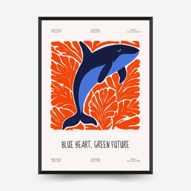 Su altı dünyası, okyanus, deniz, balık ve deniz kabukları dikey uçucu ya da poster şablonu. Modern trend Matisse minimal tarzı. Duvar kağıdı, duvar dekoru, baskı, kartpostal, kapak, şablon, pankart için el çizimi tasarımı.