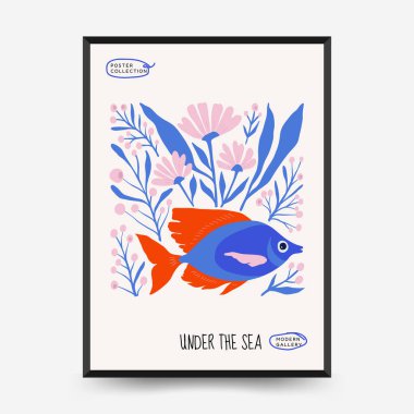 Su altı dünyası, okyanus, deniz, balık ve deniz kabukları dikey uçucu ya da poster şablonu. Modern trend Matisse minimal tarzı. Duvar kağıdı, duvar dekoru, baskı, kartpostal, kapak, şablon, pankart için el çizimi tasarımı.