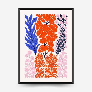 Su altı dünyası, okyanus, deniz, balık ve deniz kabukları dikey uçucu ya da poster şablonu. Modern trend Matisse minimal tarzı. Duvar kağıdı, duvar dekoru, baskı, kartpostal, kapak, şablon, pankart için el çizimi tasarımı.