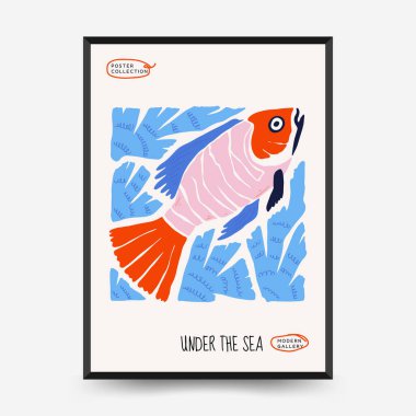 Su altı dünyası, okyanus, deniz, balık ve deniz kabukları dikey uçucu ya da poster şablonu. Modern trend Matisse minimal tarzı. Duvar kağıdı, duvar dekoru, baskı, kartpostal, kapak, şablon, pankart için el çizimi tasarımı.