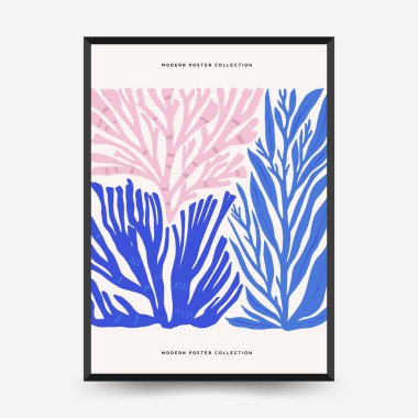 Su altı dünyası, okyanus, deniz, balık ve deniz kabukları dikey uçucu ya da poster şablonu. Modern trend Matisse minimal tarzı. Duvar kağıdı, duvar dekoru, baskı, kartpostal, kapak, şablon, pankart için el çizimi tasarımı.