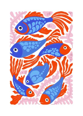 Su altı dünyası, okyanus, deniz, balık ve deniz kabukları dikey uçucu ya da poster şablonu. Modern trend Matisse minimal tarzı. Duvar kağıdı, duvar dekoru, baskı, kartpostal, kapak, şablon, pankart için el çizimi tasarımı.