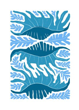 Su altı dünyası, okyanus, deniz, balık ve deniz kabukları dikey uçucu ya da poster şablonu. Modern trend Matisse minimal tarzı. Duvar kağıdı, duvar dekoru, baskı, kartpostal, kapak, şablon, pankart için el çizimi tasarımı.