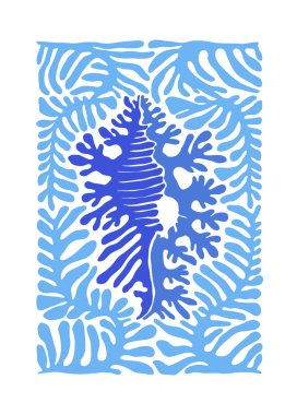 Su altı dünyası, okyanus, deniz, balık ve deniz kabukları dikey uçucu ya da poster şablonu. Modern trend Matisse minimal tarzı. Duvar kağıdı, duvar dekoru, baskı, kartpostal, kapak, şablon, pankart için el çizimi tasarımı.