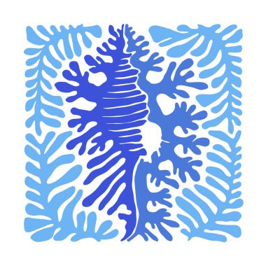 Su altı dünyası, okyanus, deniz, balık ve deniz kabukları dikey uçucu ya da poster şablonu. Modern trend Matisse minimal tarzı. Duvar kağıdı, duvar dekoru, baskı, kartpostal, kapak, şablon, pankart için el çizimi tasarımı.