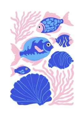 Su altı dünyası, okyanus, deniz, balık ve deniz kabukları dikey uçucu ya da poster şablonu. Modern trend Matisse minimal tarzı. Duvar kağıdı, duvar dekoru, baskı, kartpostal, kapak, şablon, pankart için el çizimi tasarımı.
