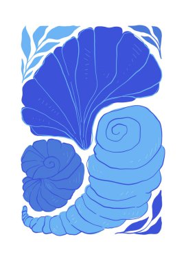Su altı dünyası, okyanus, deniz, balık ve deniz kabukları dikey uçucu ya da poster şablonu. Modern trend Matisse minimal tarzı. Duvar kağıdı, duvar dekoru, baskı, kartpostal, kapak, şablon, pankart için el çizimi tasarımı.
