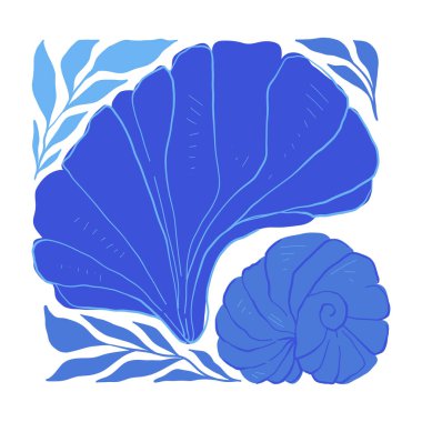 Su altı dünyası, okyanus, deniz, balık ve deniz kabukları dikey uçucu ya da poster şablonu. Modern trend Matisse minimal tarzı. Duvar kağıdı, duvar dekoru, baskı, kartpostal, kapak, şablon, pankart için el çizimi tasarımı.