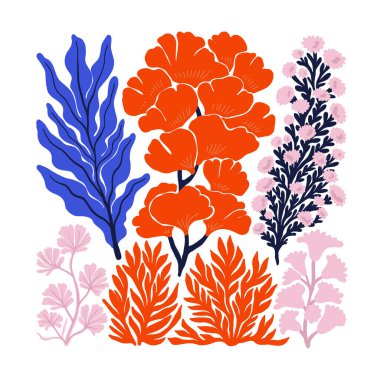 Su altı dünyası, okyanus, deniz, balık ve deniz kabukları dikey uçucu ya da poster şablonu. Modern trend Matisse minimal tarzı. Duvar kağıdı, duvar dekoru, baskı, kartpostal, kapak, şablon, pankart için el çizimi tasarımı.