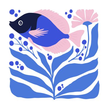 Su altı dünyası, okyanus, deniz, balık ve deniz kabukları dikey uçucu ya da poster şablonu. Modern trend Matisse minimal tarzı. Duvar kağıdı, duvar dekoru, baskı, kartpostal, kapak, şablon, pankart için el çizimi tasarımı.
