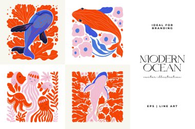 Su altı dünyası, okyanus, deniz, balık ve deniz kabukları dikey uçucu ya da poster şablonu. Modern trend Matisse minimal tarzı. Duvar kağıdı, duvar dekoru, baskı, kartpostal, kapak, şablon, pankart için el çizimi tasarımı.