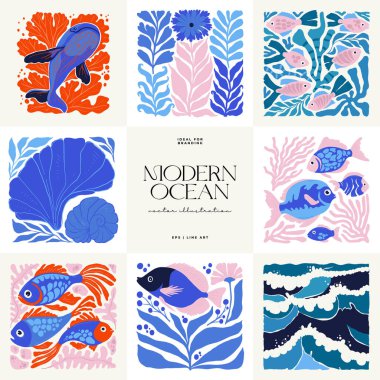 Su altı dünyası, okyanus, deniz, balık ve deniz kabukları dikey uçucu ya da poster şablonu. Modern trend Matisse minimal tarzı. Duvar kağıdı, duvar dekoru, baskı, kartpostal, kapak, şablon, pankart için el çizimi tasarımı.
