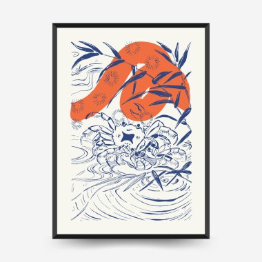 Japon posterleri şablon şeklinde. Modern Japon moda siyah tarzı. Klasik çiçekler. Mürekkep duvarı sanatı.