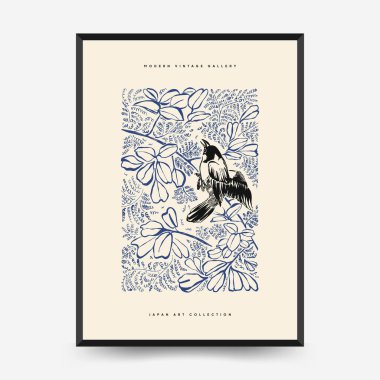 Japon posterleri şablon şeklinde. Modern Japon moda siyah tarzı. Klasik çiçekler. Mürekkep duvarı sanatı.