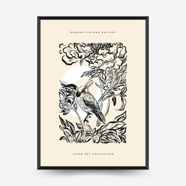 Japon posterleri şablon şeklinde. Modern Japon moda siyah tarzı. Klasik çiçekler. Mürekkep duvarı sanatı.