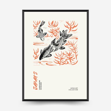 Japon posterleri şablon şeklinde. Modern Japon moda siyah tarzı. Klasik çiçekler. Mürekkep duvarı sanatı.