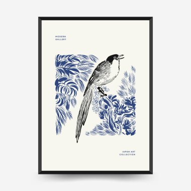 Japon posterleri şablon şeklinde. Modern Japon moda siyah tarzı. Klasik çiçekler. Mürekkep duvarı sanatı.