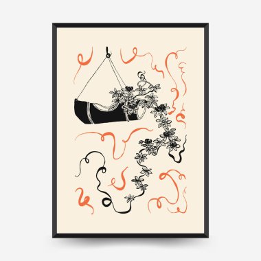 Japon posterleri şablon şeklinde. Modern Japon moda siyah tarzı. Klasik çiçekler. Mürekkep duvarı sanatı.