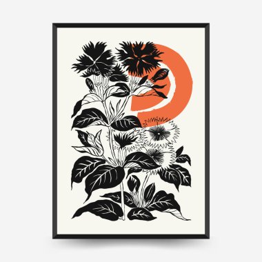 Japon posterleri şablon şeklinde. Modern Japon moda siyah tarzı. Klasik çiçekler. Mürekkep duvarı sanatı.