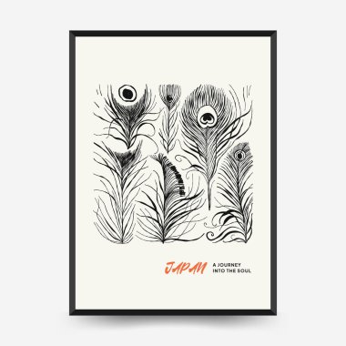 Japon posterleri şablon şeklinde. Modern Japon moda siyah tarzı. Klasik çiçekler. Mürekkep duvarı sanatı.