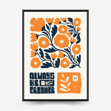 Soyut çiçek posterleri şablonu. Modern trend Matisse minimal tarzı. Pembe ve mavi renkler. Duvar kağıdı, duvar dekoru, baskı, kartpostal, kapak, şablon, pankart için el çizimi tasarımı. 