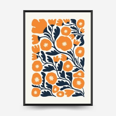 Soyut çiçek posterleri şablonu. Modern trend Matisse minimal tarzı. Pembe ve mavi renkler. Duvar kağıdı, duvar dekoru, baskı, kartpostal, kapak, şablon, pankart için el çizimi tasarımı. 