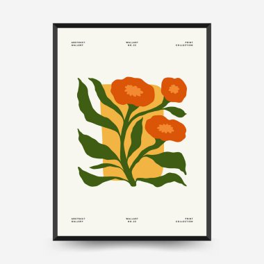 Soyut çiçek posterleri şablonu. Modern trend Matisse minimal tarzı. Pembe ve mavi renkler. Duvar kağıdı, duvar dekoru, baskı, kartpostal, kapak, şablon, pankart için el çizimi tasarımı. 