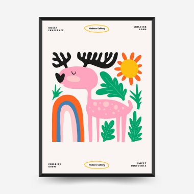 Soyut Çocuk Odası posterleri şablonu. Modern modaya uygun çocuklar. Duvar kağıdı, duvar dekoru, baskı, kartpostal, kapak, şablon, pankart için el çizimi tasarımı. 