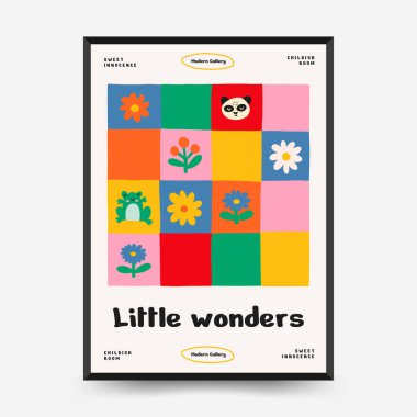 Soyut Çocuk Odası posterleri şablonu. Modern modaya uygun çocuklar. Duvar kağıdı, duvar dekoru, baskı, kartpostal, kapak, şablon, pankart için el çizimi tasarımı. 