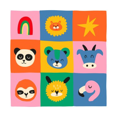 Soyut Çocuk Odası. Modern modaya uygun çocuklar. Duvar kağıdı, duvar dekoru, baskı, kartpostal, kapak, şablon, pankart için el çizimi tasarımı. 