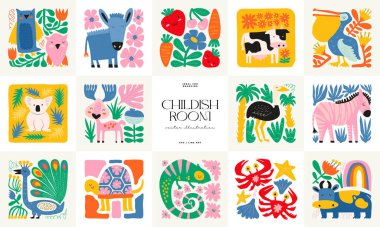 Soyut Çocuk Odası posterleri şablonu. Modern modaya uygun çocuklar. Duvar kağıdı, duvar dekoru, baskı, kartpostal, kapak, şablon, pankart için el çizimi tasarımı. 